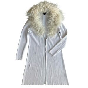 Fontana Women's M White Ribbed Knit Faux Fur Collar Duster Sweater Cardigan Boho